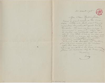 Lettre de Félicien Rops à [Armand] Rassenfosse. s.l., 1895/08/21. Bruxelles, Bibliothèque royale de Belgique, II/6957/19/173