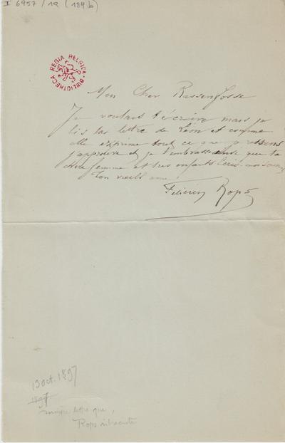 Lettre de Félicien Rops à [Armand] Rassenfosse. s.l., 1897/10/13. Bruxelles, Bibliothèque royale de Belgique, II/6957/19/184b