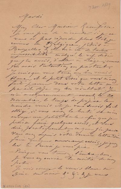 Lettre de Félicien Rops à Armand Rassenfosse. Paris, 1889/11/07. Bruxelles, Bibliothèque royale de Belgique, II/6957/19/24