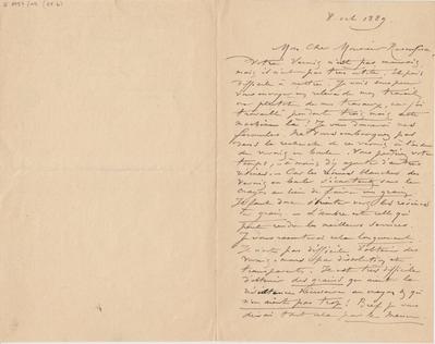 Lettre de Félicien Rops à [Armand] Rassenfosse. s.l., 1889/10/08. Bruxelles, Bibliothèque royale de Belgique, II/6957/19/25b