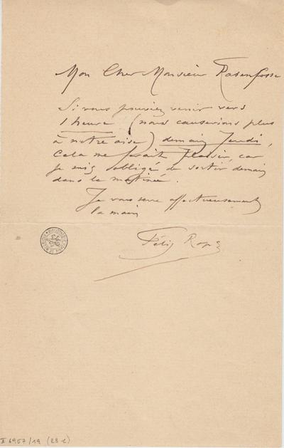 Lettre de Félicien Rops à Armand Rassenfosse. [Paris], 1889/10/16. Bruxelles, Bibliothèque royale de Belgique, II/6957/19/28