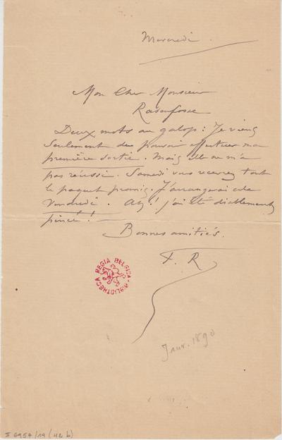 Lettre de Félicien Rops à [Armand] Rassenfosse. Paris, 1890/01/00. Bruxelles, Bibliothèque royale de Belgique, II/6957/19/42