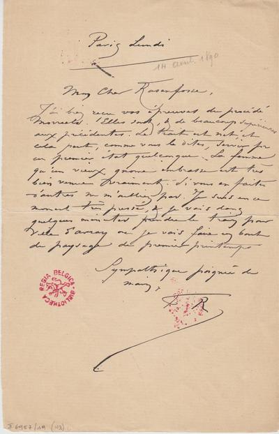 Lettre de Félicien Rops à [Armand] Rassenfosse. Paris, 1890/04/14. Bruxelles, Bibliothèque royale de Belgique, II/6957/19/43