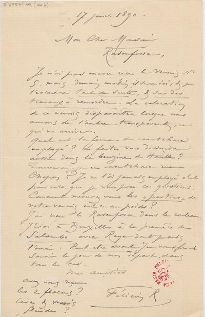 Lettre de Félicien Rops à [Armand] Rassenfosse. [Paris], 1890/01/17. Bruxelles, Bibliothèque royale de Belgique, II/6957/19/44