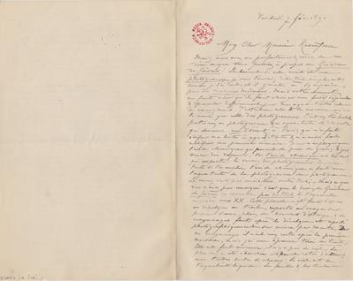 Lettre de Félicien Rops à [Armand] Rassenfosse. s.l., 1890/02/07. Bruxelles, Bibliothèque royale de Belgique, II/6957/19/46