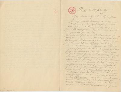 Lettre de Félicien Rops à [Armand] Rassenfosse. Paris, 1890/02/15. Bruxelles, Bibliothèque royale de Belgique, II/6957/19/48