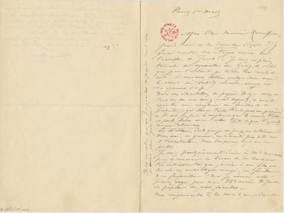 Lettre de Félicien Rops à [Armand] Rassenfosse. Paris, 1890/03/01. Bruxelles, Bibliothèque royale de Belgique, II/6957/19/49