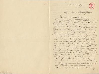 Lettre de Félicien Rops à [Armand] Rassenfosse. [Paris], 1890/05/30. Bruxelles, Bibliothèque royale de Belgique, II/6957/19/53