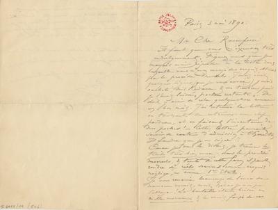 Lettre de Félicien Rops à [Armand] Rassenfosse. Paris, 1890/05/03. Bruxelles, Bibliothèque royale de Belgique, II/6957/19/54