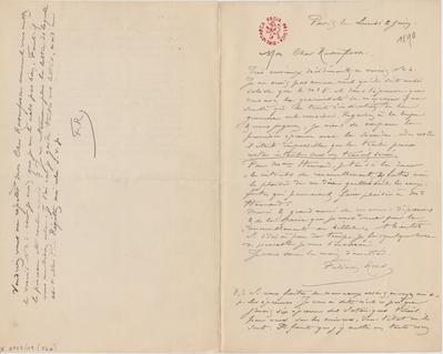 Lettre de Félicien Rops à [Armand] Rassenfosse. Paris, 1890/06/02. Bruxelles, Bibliothèque royale de Belgique, II/6957/19/56