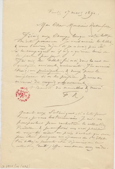 Lettre de Félicien Rops à [Armand] Rassenfosse. Paris, 1890/03/17. Bruxelles, Bibliothèque royale de Belgique, II/6957/19/57