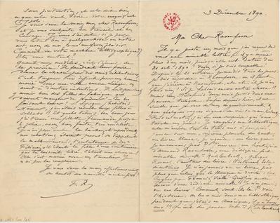 Lettre de Félicien Rops à [Armand] Rassenfosse. s.l., 1890/12/03. Bruxelles, Bibliothèque royale de Belgique, II/6957/19/62