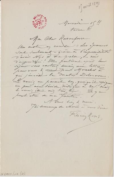 Lettre de Félicien Rops à [Armand] Rassenfosse. s.l., 1891/04/15. Bruxelles, Bibliothèque royale de Belgique, II/6957/19/63