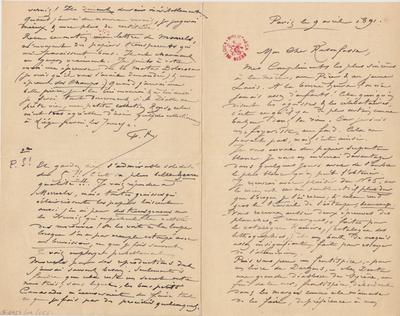 Lettre de Félicien Rops à [Armand] Rassenfosse. Paris, 1891/04/09. Bruxelles, Bibliothèque royale de Belgique, II/6957/19/65b