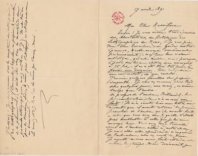 Lettre de Félicien Rops à [Armand] Rassenfosse. [Paris], 1891/04/17. Bruxelles, Bibliothèque royale de Belgique, II/6957/19/66