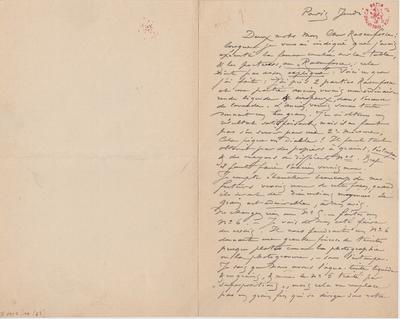 Lettre de Félicien Rops à [Armand] Rassenfosse. Paris, 1891/04/00. Bruxelles, Bibliothèque royale de Belgique, II/6957/19/67