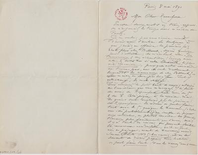 Lettre de Félicien Rops à [Armand] Rassenfosse. Paris, 1891/05/08. Bruxelles, Bibliothèque royale de Belgique, II/6957/19/68