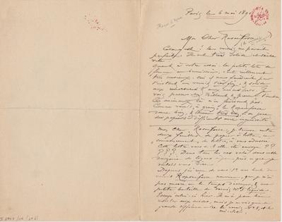 Lettre de Félicien Rops à [Armand] Rassenfosse. Paris, 1891/05/06. Bruxelles, Bibliothèque royale de Belgique, II/6957/19/69