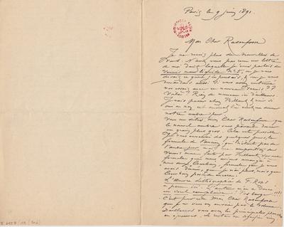 Lettre de Félicien Rops à [Armand] Rassenfosse. Paris, 1891/06/09. Bruxelles, Bibliothèque royale de Belgique, II/6957/19/70