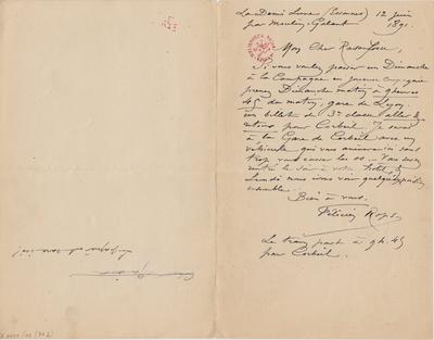 Lettre de Félicien Rops à Armand Rassenfosse. Corbeil-Essonnes, 1891/06/12. Bruxelles, Bibliothèque royale de Belgique, II/6957/19/71