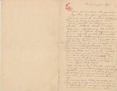 Lettre de Félicien Rops à Armand Rassenfosse. Paris, 1891/06/23. Bruxelles, Bibliothèque royale de Belgique, II/6957/19/72