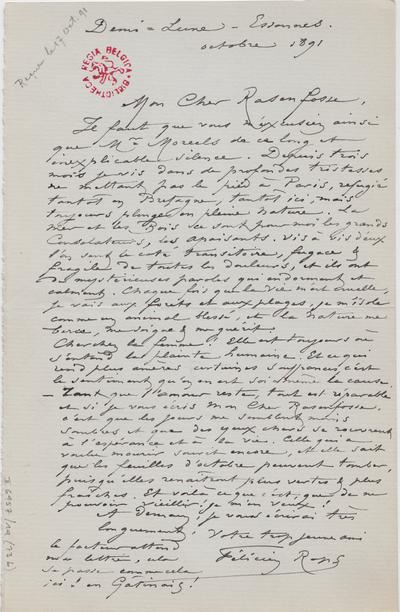 Lettre de Félicien Rops à [Armand] Rassenfosse. Corbeil-Essonnes, 1891/10/16. Bruxelles, Bibliothèque royale de Belgique, II/6957/19/73