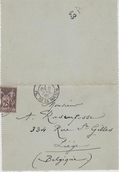 Carte-Lettre de Félicien Rops à [Armand] Rassenfosse. [Corbeil-Essonnes], 1891/07/08. Bruxelles, Bibliothèque royale de Belgique, II/6957/19/74