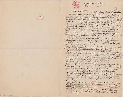 Lettre de Félicien Rops à [Armand] Rassenfosse. s.l., 1891/01/30. Bruxelles, Bibliothèque royale de Belgique, II/6957/19/79