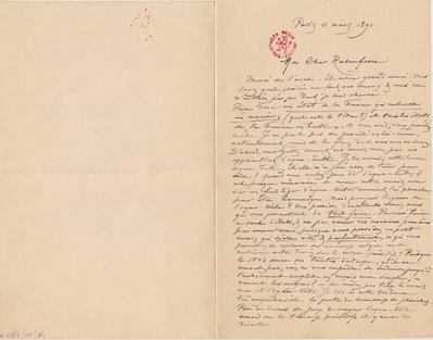 Lettre de Félicien Rops à [Armand] Rassenfosse. Paris, 1891/03/11. Bruxelles, Bibliothèque royale de Belgique, II/6957/19/80