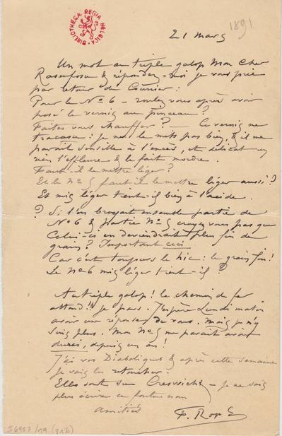 Lettre de Félicien Rops à Armand Rassenfosse. [Paris], 1891/03/21. Bruxelles, Bibliothèque royale de Belgique, II/6957/19/81