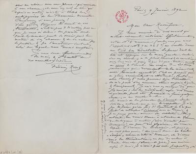 Lettre de Félicien Rops à [Armand] Rassenfosse. Paris, 1892/01/09. Bruxelles, Bibliothèque royale de Belgique, II/6957/19/82