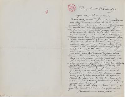 Lettre de Félicien Rops à [Armand] Rassenfosse. Paris, 1892/02/01. Bruxelles, Bibliothèque royale de Belgique, II/6957/19/83