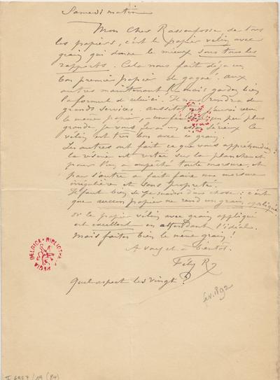 Lettre de Félicien Rops à [Armand] Rassenfosse. s.l., 1892/02/00. Bruxelles, Bibliothèque royale de Belgique, II/6957/19/84