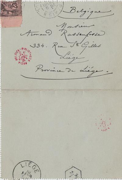 Carte-Lettre de Félicien Rops à Armand Rassenfosse. Paris, 1892/02/09. Bruxelles, Bibliothèque royale de Belgique, II/6957/19/85