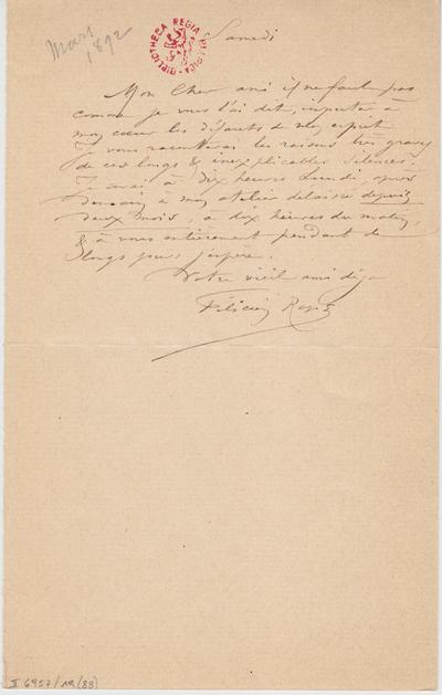 Lettre de Félicien Rops à [Armand] [Rassenfosse]. s.l., 1892/03/00. Bruxelles, Bibliothèque royale de Belgique, II/6957/19/88