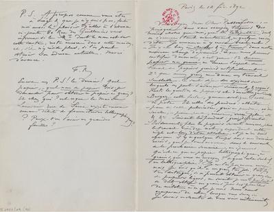 Lettre de Félicien Rops à [Armand] Rassenfosse. Paris, 1892/02/12. Bruxelles, Bibliothèque royale de Belgique, II/6957/19/90