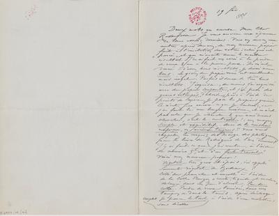 Lettre de Félicien Rops à [Armand] Rassenfosse. s.l., 1892/02/19. Bruxelles, Bibliothèque royale de Belgique, II/6957/19/91