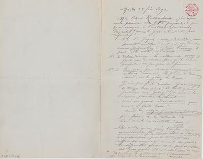 Lettre de Félicien Rops à [Armand] Rassenfosse. s.l., 1892/02/23. Bruxelles, Bibliothèque royale de Belgique, II/6957/19/92