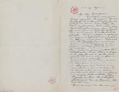 Lettre de Félicien Rops à Armand Rassenfosse. [Paris], 1892/03/03. Bruxelles, Bibliothèque royale de Belgique, II/6957/19/94