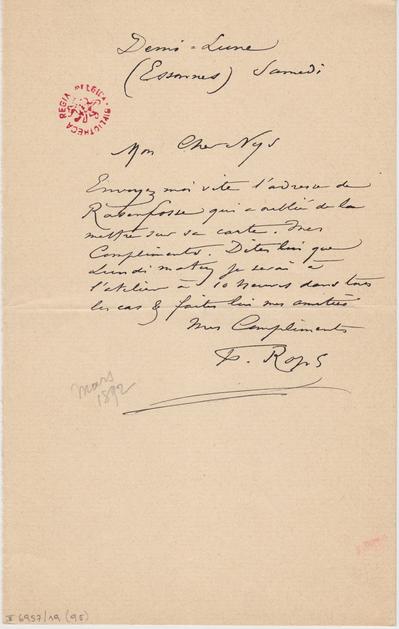 Lettre de Félicien Rops à [François] Nys. Corbeil-Essonnes, 1892/03/00. Bruxelles, Bibliothèque royale de Belgique, II/6957/19/95