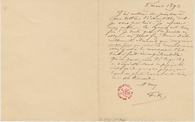 Lettre de Félicien Rops à [Armand] [Rassenfosse]. s.l., 1892/03/05. Bruxelles, Bibliothèque royale de Belgique, II/6957/19/96