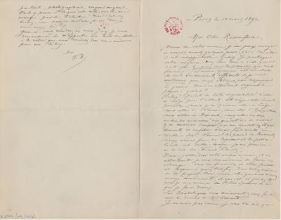 Lettre de Félicien Rops à Armand Rassenfosse. Paris, 1892/03/10. Bruxelles, Bibliothèque royale de Belgique, II/6957/19/97