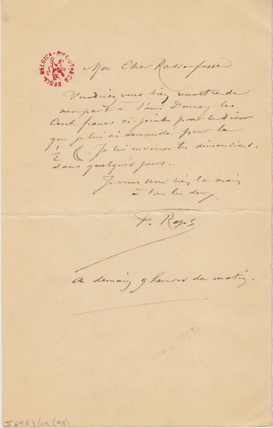 Lettre de Félicien Rops à [Armand] Rassenfosse. s.l., 1892/03/00. Bruxelles, Bibliothèque royale de Belgique, II/6957/19/98