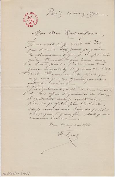 Lettre de Félicien Rops à Armand Rassenfosse. Paris, 1892/03/10. Bruxelles, Bibliothèque royale de Belgique, II/6957/19/99