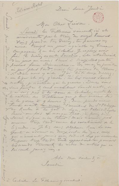 Lettre de Félicien Rops à [Henri] Liesse. Corbeil-Essonnes, 1894/00/00. Bruxelles, Bibliothèque royale de Belgique, II/7033/10