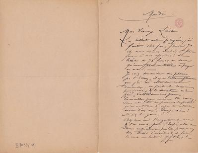 Lettre de Félicien Rops à [Henri] Liesse. s.l., 0000/00/00. Bruxelles, Bibliothèque royale de Belgique, II/7033/11