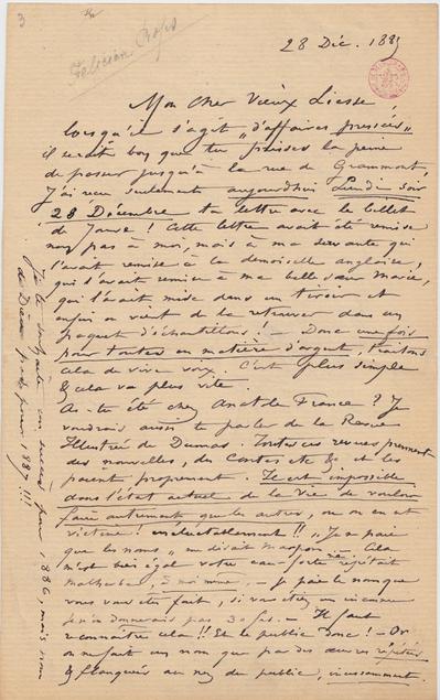 Lettre de Félicien Rops à [Henri] Liesse. [Paris], 1885/12/28. Bruxelles, Bibliothèque royale de Belgique, II/7033/16