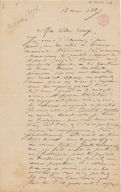 Lettre de Félicien Rops à [Henri] [Liesse]. [Paris], 1887/11/18. Bruxelles, Bibliothèque royale de Belgique, II/7033/18 et II/7033/19