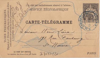 Carte-Télégramme de Félicien Rops à Henri Liesse. [Paris], 1884/06/14. Bruxelles, Bibliothèque royale de Belgique, II/7033/20