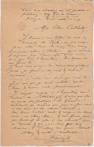 Lettre de Félicien Rops à Alfred [Alphonse] Cadart. [Paris], 1867/00/00. Bruxelles, Bibliothèque royale de Belgique, II/7033/6